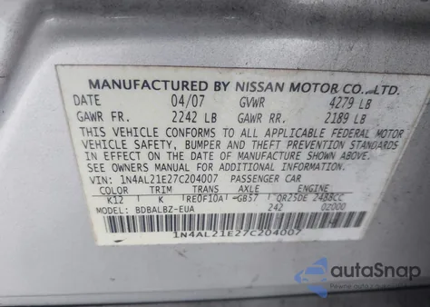 2007 Nissan Altima 2.5 S from USA, damaged, VIN 1N4AL21E27C204007